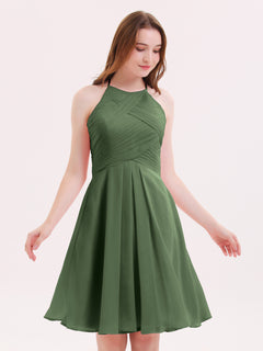 Short Chiffon Bridesmaid Dress with Pocket-Olive Green