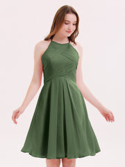 Short Chiffon Bridesmaid Dress with Pocket-Olive Green Plus Size
