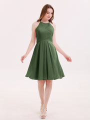 Short Chiffon Bridesmaid Dress with Pocket-Olive Green Plus Size