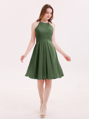 Short Chiffon Bridesmaid Dress with Pocket-Olive Green
