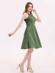 Short Chiffon Bridesmaid Dress with Pocket-Olive Green