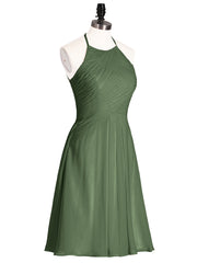Short Chiffon Bridesmaid Dress with Pocket-Olive Green