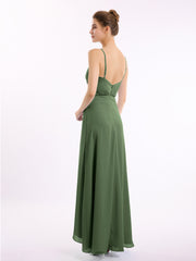 Spaghetti Strap High Low Chiffon Dresses with Bow-Olive Green