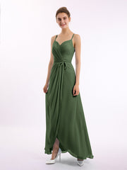Spaghetti Strap High Low Chiffon Dresses with Bow-Olive Green
