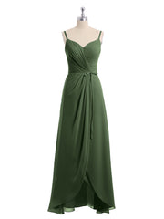 Spaghetti Strap High Low Chiffon Dresses with Bow-Olive Green