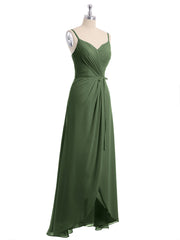 Spaghetti Strap High Low Chiffon Dresses with Bow-Olive Green