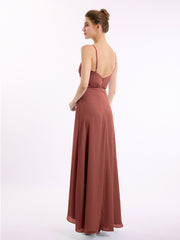 Spaghetti Strap High Low Chiffon Dresses with Bow-Terracotta Plus Size