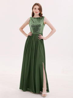 Sequins and Chiffon Dress with Slit-Olive Green