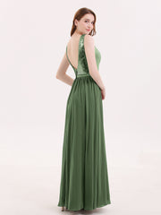 Sequins and Chiffon Dress with Slit-Olive Green