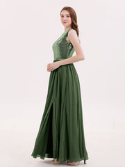 Sequins and Chiffon Dress with Slit-Olive Green Plus Size