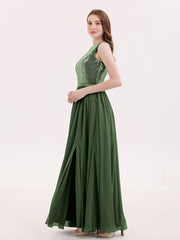 Sequins and Chiffon Dress with Slit-Olive Green