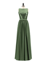 Sequins and Chiffon Dress with Slit-Olive Green