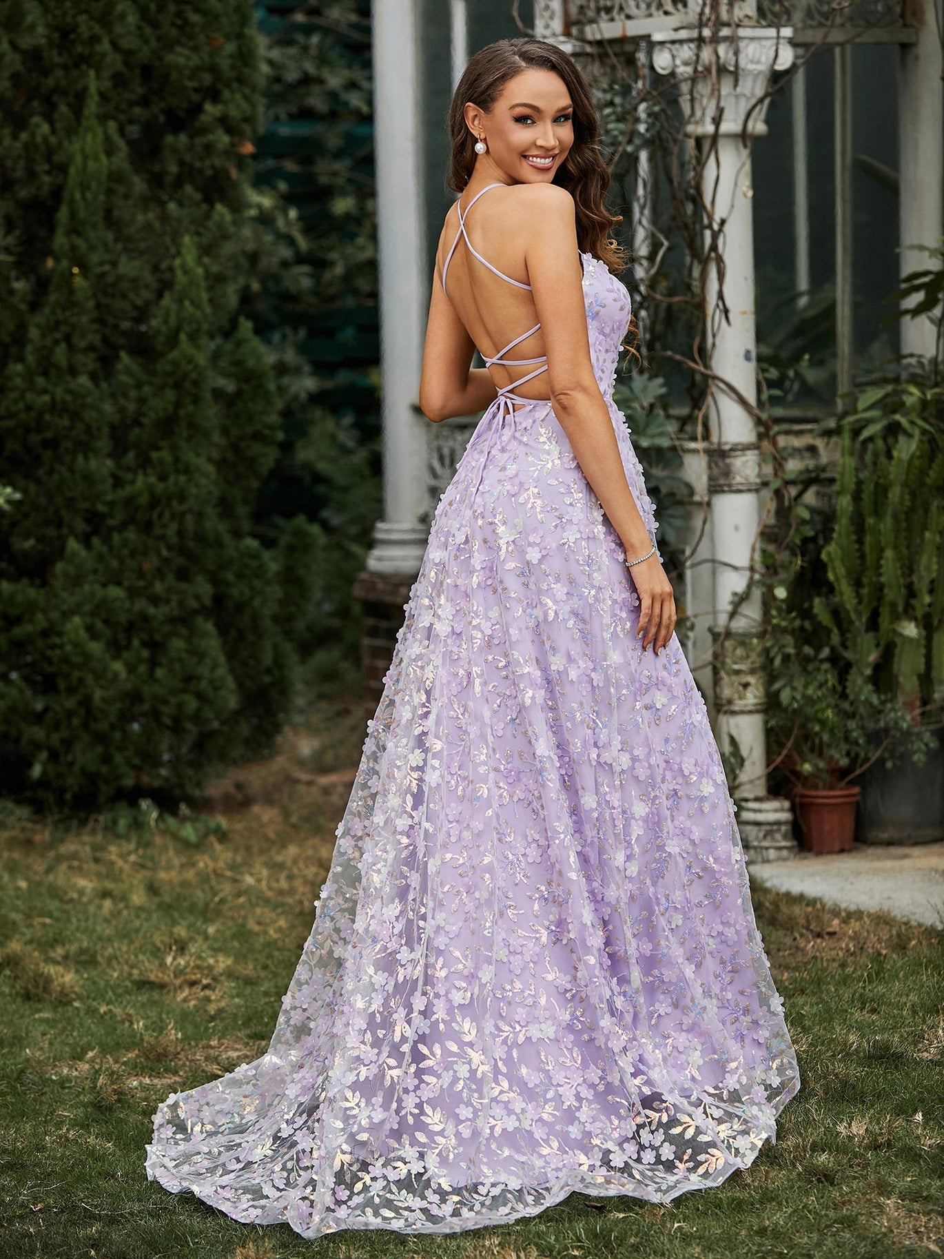 BABARONI Lace Lilac Prom Dresses A-line Square With Slit Ruched Beaded Pleated Appliqued Floral Sequins BABARONI Lace Lilac Prom Dresses A-line Square With Slit Ruched Beaded Pleated Appliqued Floral Sequins