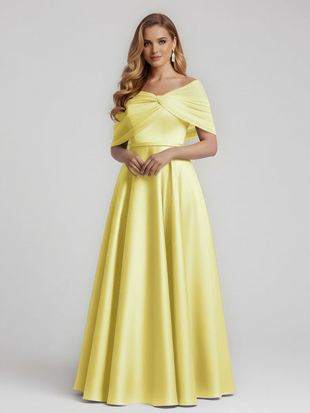 BABARONI Daffodil Satin A-Line Bridesmaid Dress Floor Length with Sheer Shawl Elegant Formal Wedding Guest Gown