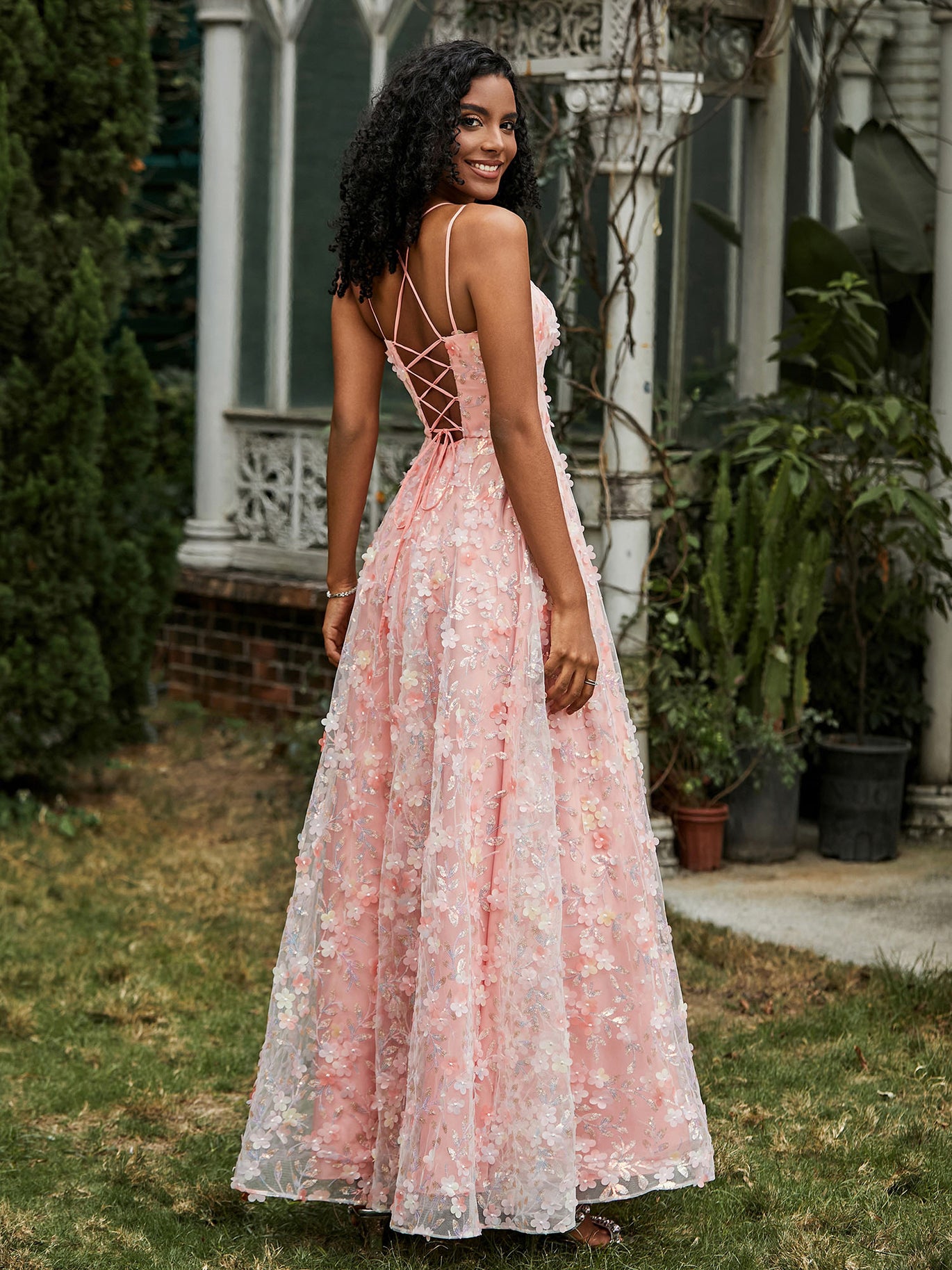 Spaghetti Straps Lace-up Flowers Appliqued Prom Dress Coral – BABARONI