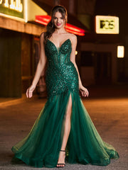 Strapless Sequined Trumpet Maxi Dress with Train and Slit Champagne