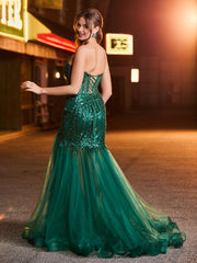 Strapless Sequined Trumpet Maxi Dress with Train and Slit Dark Green