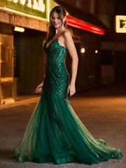 Strapless Sequined Trumpet Maxi Dress with Train and Slit Dark Green