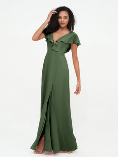 A-line V-neck Chiffon Dresses with Pockets-Olive Green