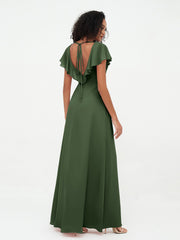 A-line V-neck Chiffon Dresses with Pockets-Olive Green