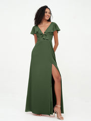 A-line V-neck Chiffon Dresses with Pockets-Olive Green Plus Size