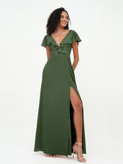 A-line V-neck Chiffon Dresses with Pockets-Olive Green