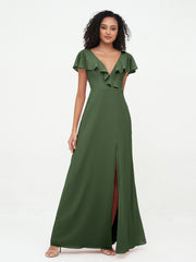 A-line V-neck Chiffon Dresses with Pockets-Olive Green