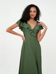 A-line V-neck Chiffon Dresses with Pockets-Olive Green Plus Size
