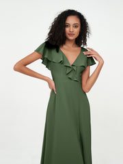 A-line V-neck Chiffon Dresses with Pockets-Olive Green