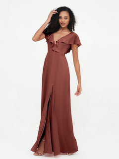 A-line V-neck Chiffon Dresses with Pockets-Terracotta