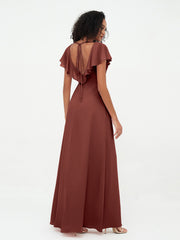 A-line V-neck Chiffon Dresses with Pockets-Terracotta