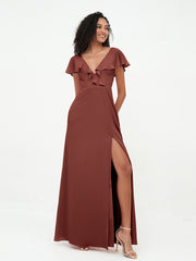 A-line V-neck Chiffon Dresses with Pockets-Terracotta