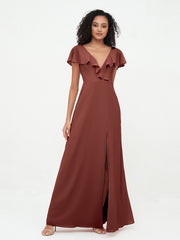 A-line V-neck Chiffon Dresses with Pockets-Terracotta Plus Size