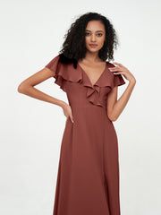 A-line V-neck Chiffon Dresses with Pockets-Terracotta Plus Size