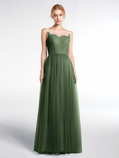 Illusion Neckline Lace and Tulle Maxi Dress-Olive Green