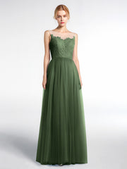 Illusion Neckline Lace and Tulle Maxi Dress-Olive Green