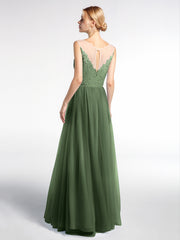 Illusion Neckline Lace and Tulle Maxi Dress-Olive Green