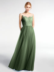 Illusion Neckline Lace and Tulle Maxi Dress-Olive Green