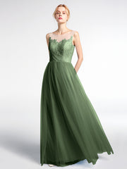 Illusion Neckline Lace and Tulle Maxi Dress-Olive Green