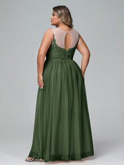 Illusion Neckline Lace and Tulle Maxi Dress-Olive Green Plus Size