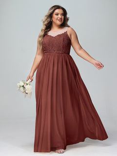 Illusion Neckline Lace and Tulle Maxi Dress-Terracotta Plus Size