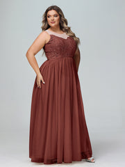 Illusion Neckline Lace and Tulle Maxi Dress-Terracotta Plus Size