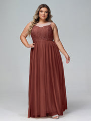 Illusion Neckline Lace and Tulle Maxi Dress-Terracotta Plus Size