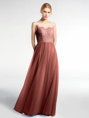 Illusion Neckline Lace and Tulle Maxi Dress-Terracotta