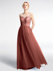 Illusion Neckline Lace and Tulle Maxi Dress-Terracotta