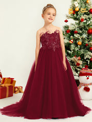 Beaded Sleeveless Tulle Flower Girl Dress with Feather Burgundy BABARONI Beaded Sleeveless Tulle Flower Girl Dress with Feather Burgundy BABARONI