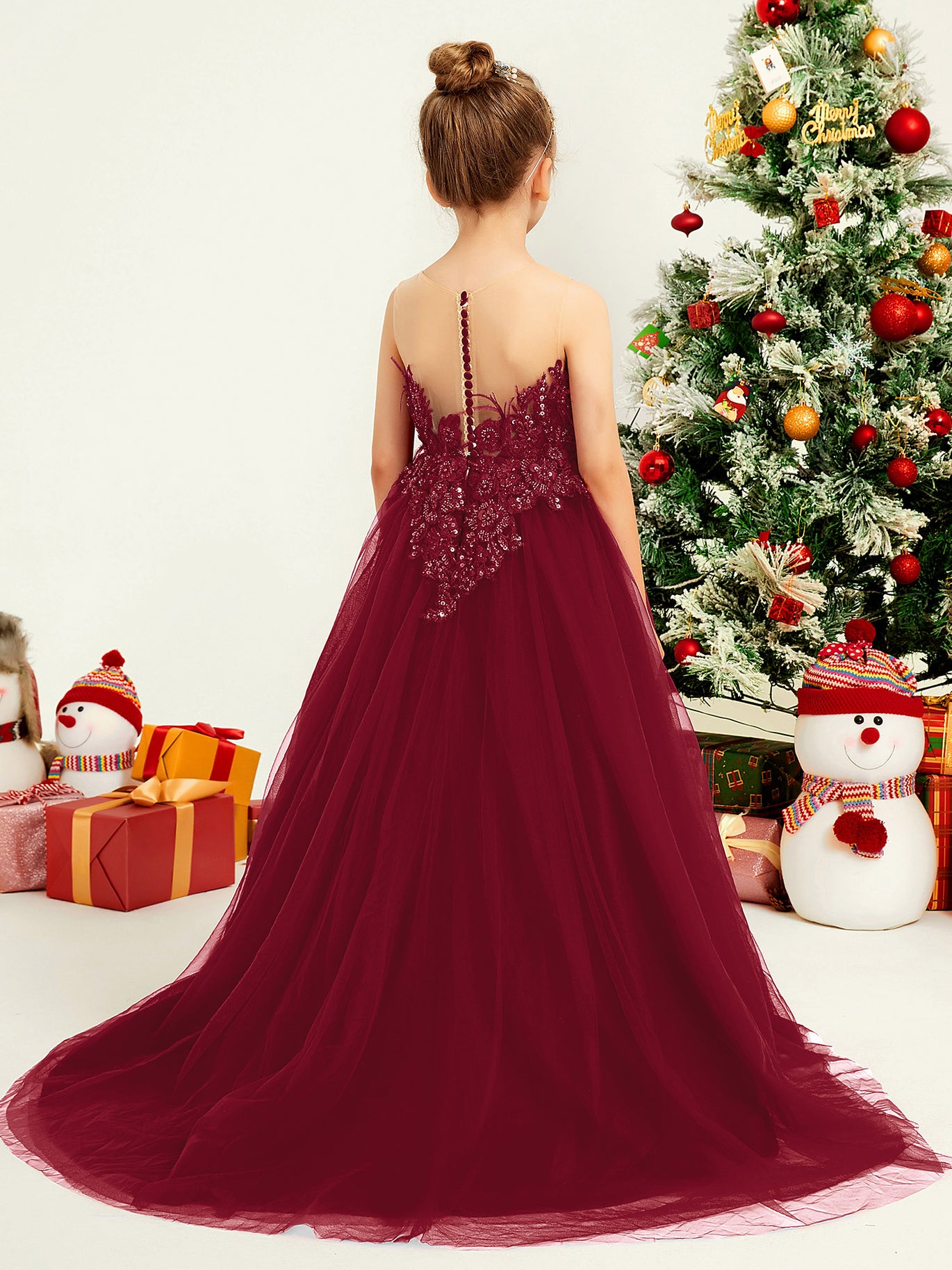 Beaded Sleeveless Tulle Flower Girl Dress with Feather Burgundy BABARONI Beaded Sleeveless Tulle Flower Girl Dress with Feather Burgundy BABARONI