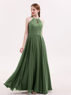 Lace and Chiffon Halter Dress with Open Back-Olive Green