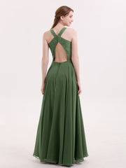 Lace and Chiffon Halter Dress with Open Back-Olive Green Plus Size