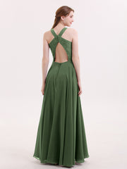 Lace and Chiffon Halter Dress with Open Back-Olive Green